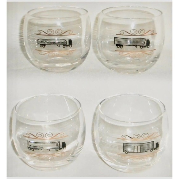 Vintage Trucks Low Ball Roly Poly Crystal Glasses Set Tractor Trailers - Picture 2 of 11